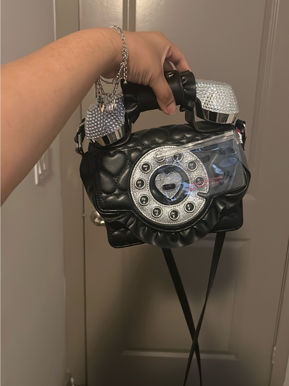 Black Quilted Phone-Style Crossbody Bag with Rhinestone Accents
